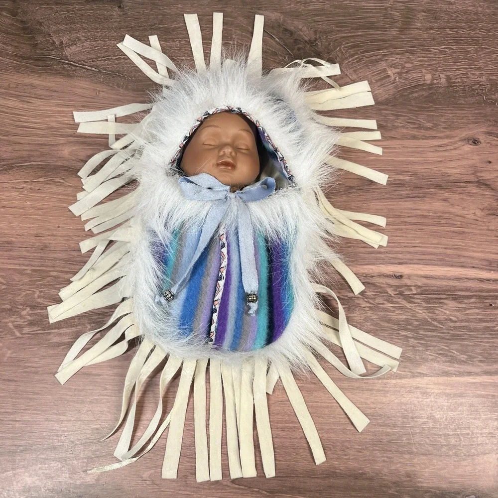 Native American Porcelain Baby Doll Papoose Blue Purple Faux‎ Fur Fringe Striped